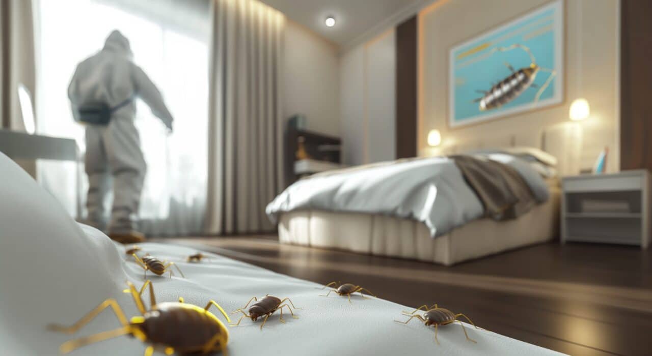 Professional exterminator treating bed bug infestation in a bedroom, using heat treatment and pesticides to eradicate pests